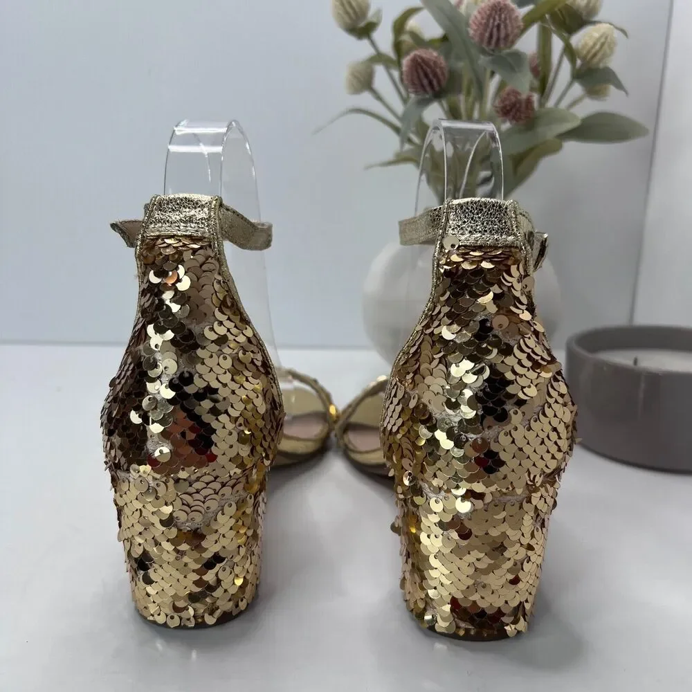 Steve Madden Carrson Sandal Gold Sequin Ankle Strap Block Heel Women's US 6 M